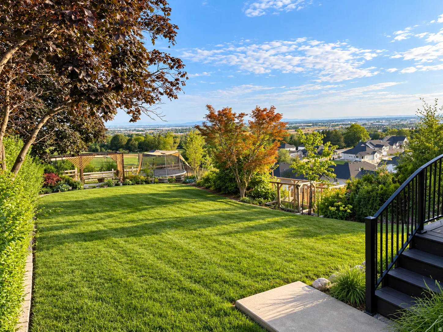 Expansive backyard featuring a manicured lawn, established perimeter landscaping, decorative wood fencing, and a multi-level deck with black railings