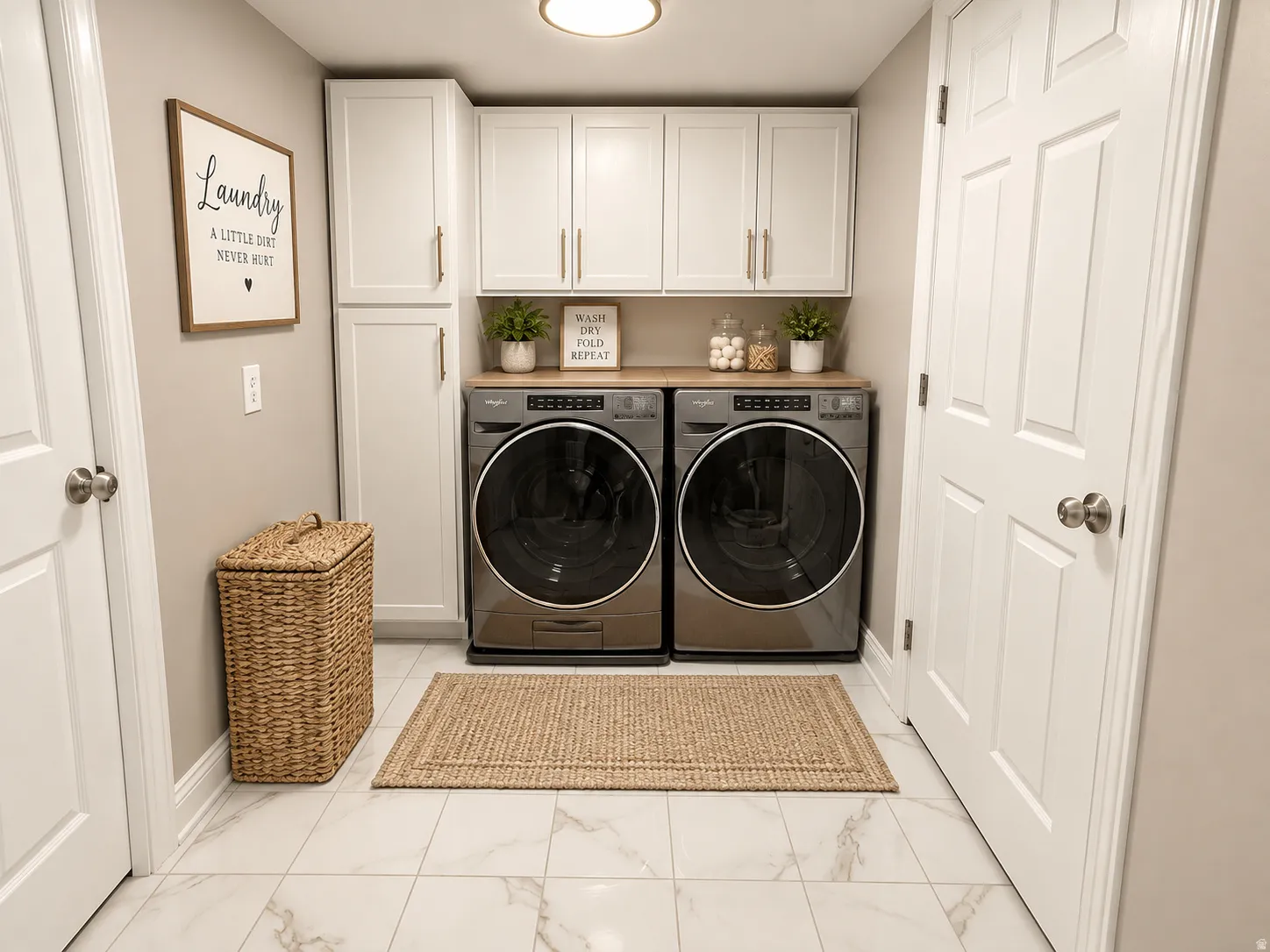 White shaker-style cabinetry with gold-tone hardware, wood-finish countertop, and large format white tile flooring with veining