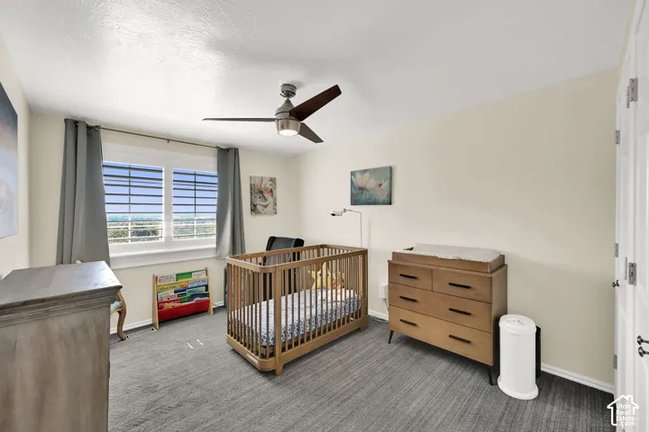 Window with horizontal blinds and drapery, ceiling fan, and carpet flooring