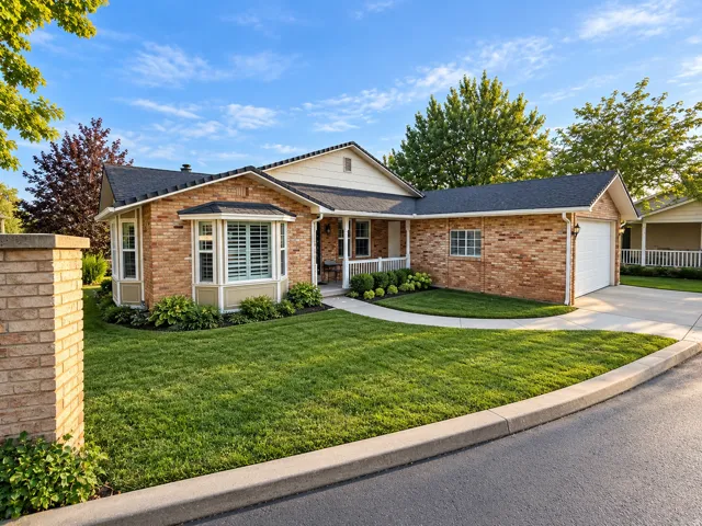 Brick exterior with a white garage door and a covered front porch