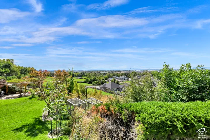 Expansive backyard featuring a lush lawn, mature trees, and a distant golf course