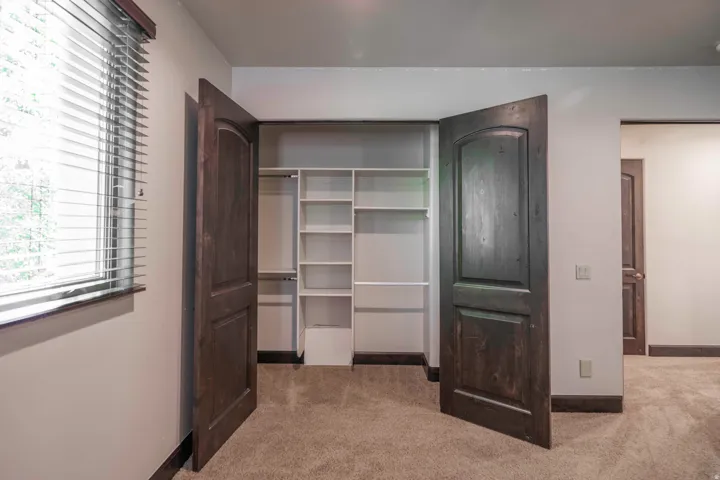 Built-in closet shelving, dark wood-finish doors, and plush carpet flooring