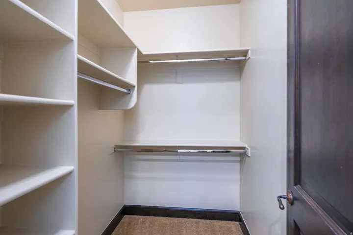 Built-in shelving, chrome hanging rods, and a dark wood-finish door with bronze hardware