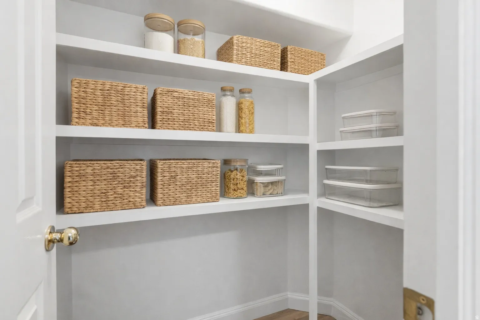 Built-in shelving with ample storage, white painted walls, and wood-finish flooring