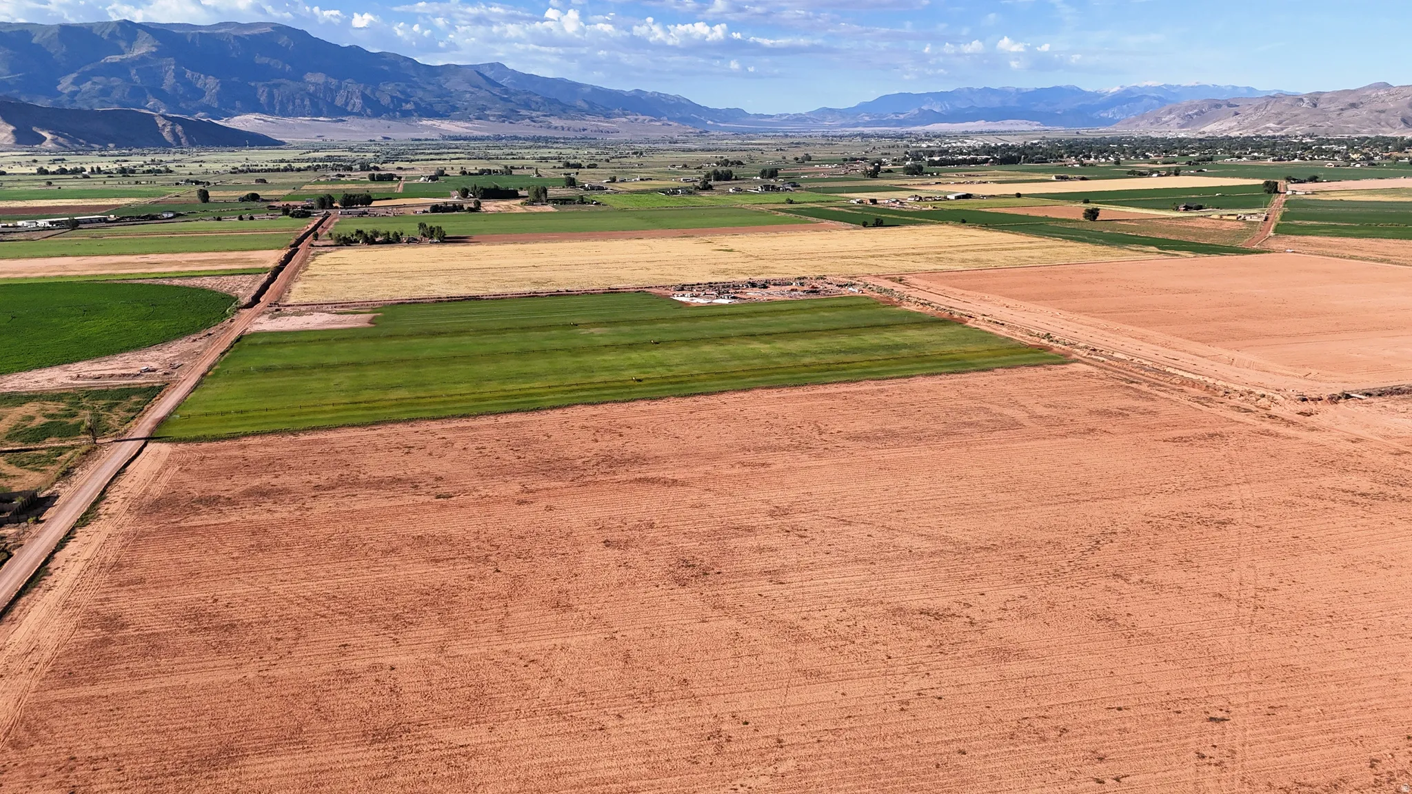 Expansive agricultural land featuring cultivated fields and a distant mountain range