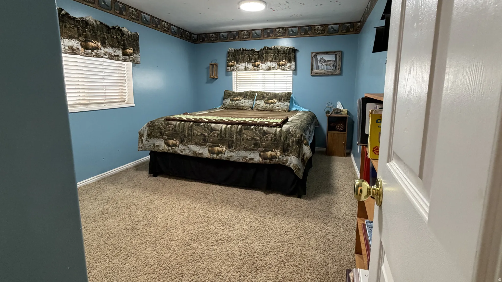 Wall-to-wall carpeting with light blue walls and a central ceiling light fixture