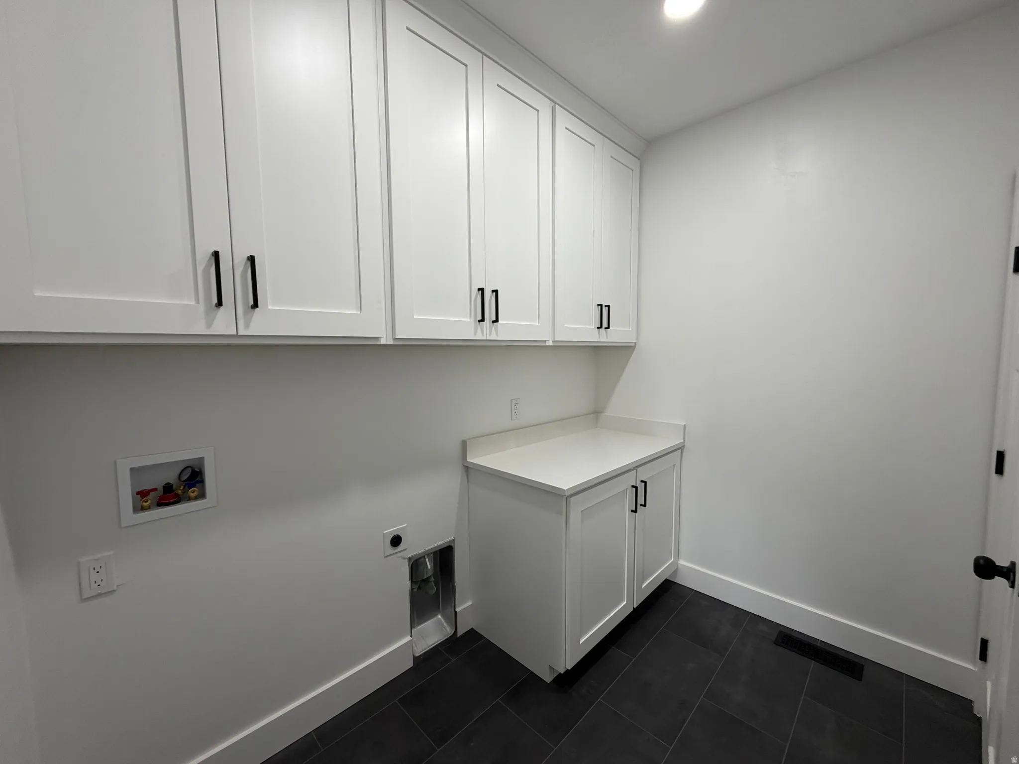 White shaker cabinetry with matte black hardware