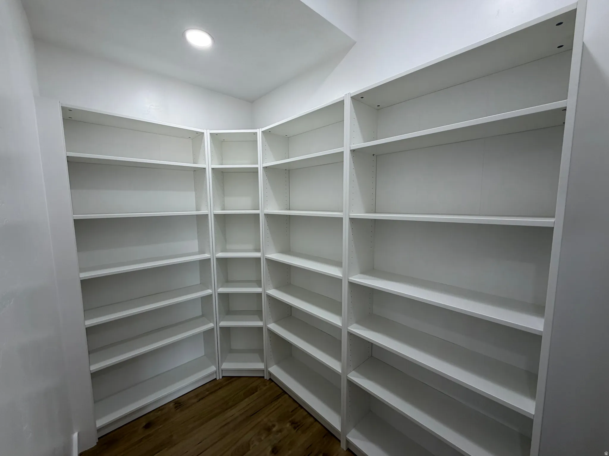 Built-in shelving units in a white finish, recessed ceiling lighting, and wood-finish flooring