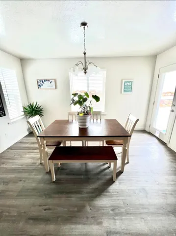 Wood-finish flooring, ample natural light from multiple windows, and a ceiling-mounted light fixture