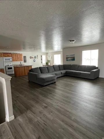Open concept living area featuring wood-finish flooring, recessed lighting, and a kitchen with warm-toned cabinetry