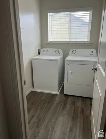 Dedicated laundry area with wood-finish flooring, a window with horizontal blinds, and a built-in shelf