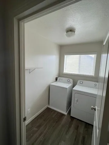 Dedicated laundry area featuring wood-finish flooring, a window with blinds, and ceiling-mounted lighting