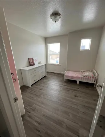 Wood-finish flooring, two windows with blinds, and a flush mount ceiling light