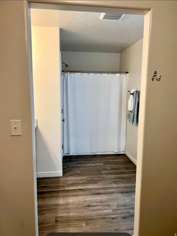 Wood-finish flooring leading to a shower area with a ceiling-mounted ventilation system
