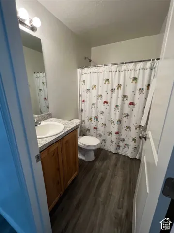 Wood-finish flooring, wood cabinetry, stone-finish countertop, and a vanity light fixture