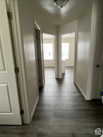 Hallway featuring wood-finish flooring and white trim