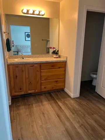 Wood-finish flooring, wood cabinetry with integrated drawers, spacious vanity mirror, single basin sink, and a light fixture with four bulbs