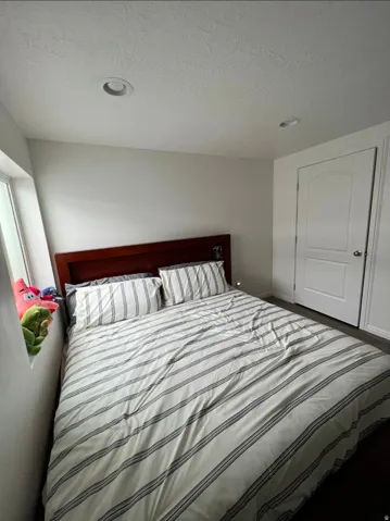 Recessed ceiling lighting, wood-finish flooring, white paneled interior door, and a single window