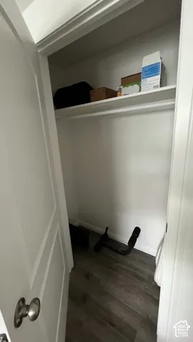Reach-in closet featuring an integrated shelf, hanging rod, and wood-finish flooring