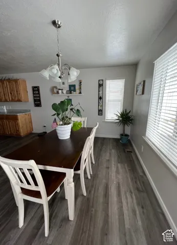 Wood-finish flooring, multiple windows with blinds, a built-in kitchen cabinet with a light-colored countertop, and a ceiling-mounted chandelier