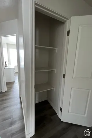 Pantry with three white shelves and white trim
