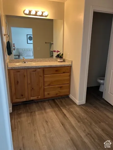 Wood-finish flooring, wood cabinetry with integrated drawers, spacious vanity mirror, single basin sink, and a light fixture with four bulbs