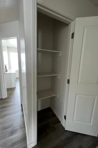 Pantry with three white shelves and white trim
