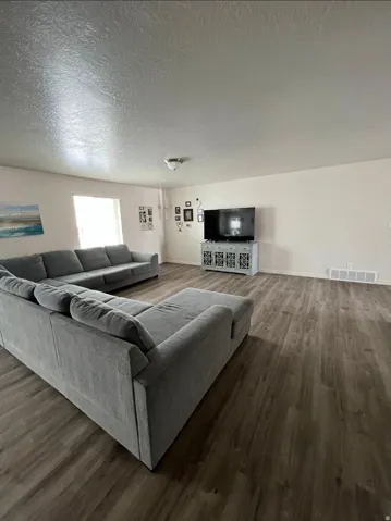 Wood-finish flooring throughout, a single flush-mount ceiling light fixture, and a window providing natural light
