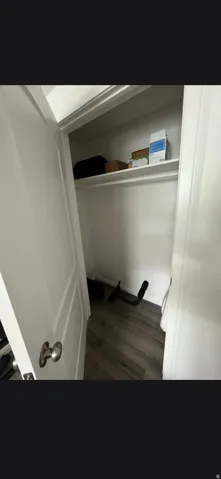 Closet featuring an integrated hanging rod, an upper storage shelf, and wood-finish flooring