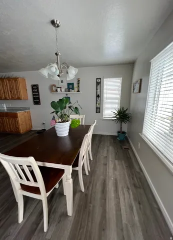 Wood-finish flooring, multiple windows with blinds, a built-in kitchen cabinet with a light-colored countertop, and a ceiling-mounted chandelier