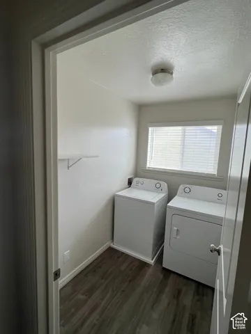 Dedicated laundry area featuring wood-finish flooring, a window with blinds, and ceiling-mounted lighting