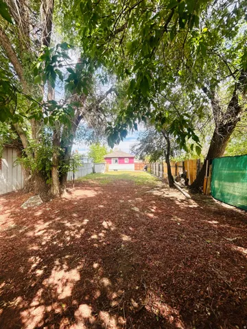 Expansive backyard with a deep lot, mature trees, wood chip ground cover, and perimeter fencing
