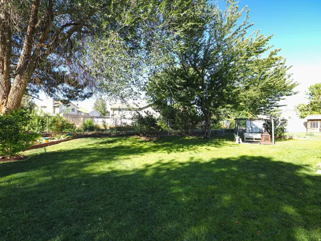 Expansive rear yard featuring mature trees, a lawn area, and established plantings