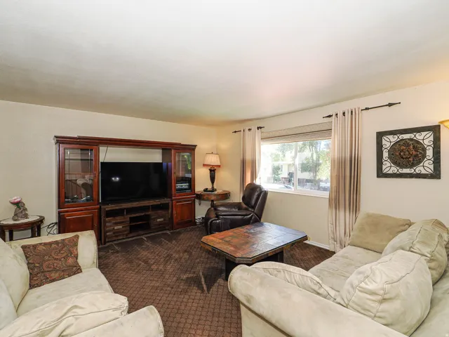 Carpeted flooring throughout, neutral wall paint, and a large window with blinds