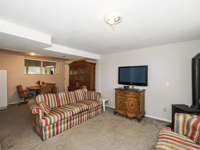 Carpeted room with a ceiling-mounted light fixture, recessed lighting, and a single window
