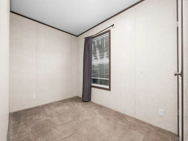 Carpeted flooring, textured wall panels, window with blinds, and white trim