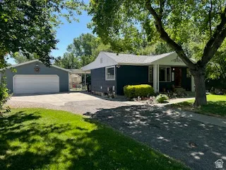 Detached garage with white overhead door, covered carport, asphalt driveway, and landscaped front yard with mature trees