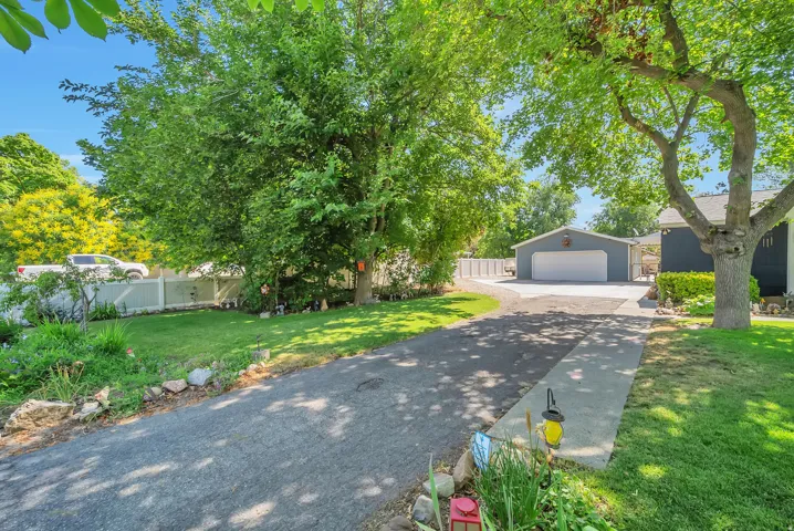 Expansive driveway, detached two-car garage, mature trees, manicured lawn, and white privacy fencing
