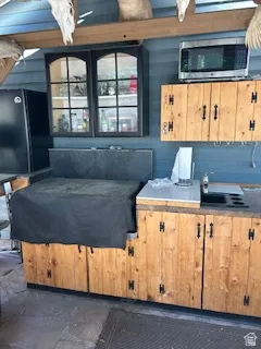 Outdoor kitchen featuring wood cabinetry, integrated sink, and countertop appliances
