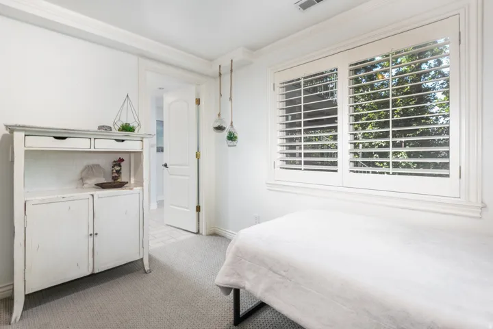 Window with white plantation shutters, crown molding, light gray carpet, and white interior door
