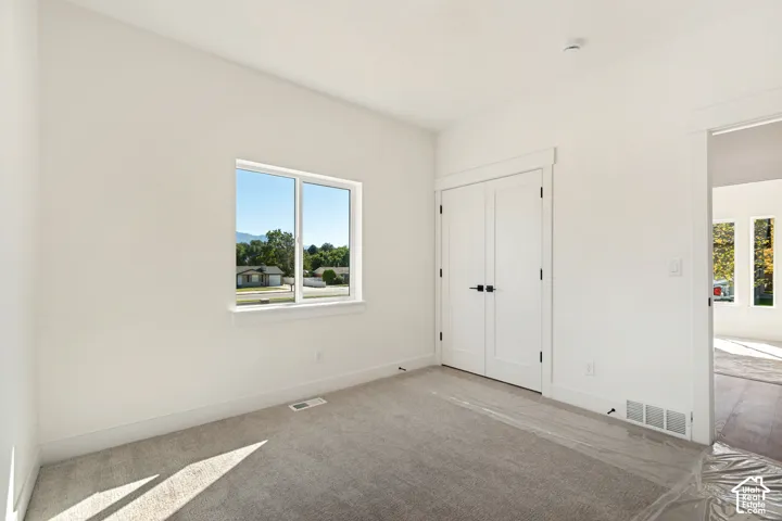 Light gray carpet flooring, white walls, white trim, and a white double window
