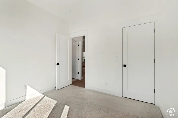 Bright interior featuring neutral-toned walls, plush carpeting, and contemporary doors with matte black hardware