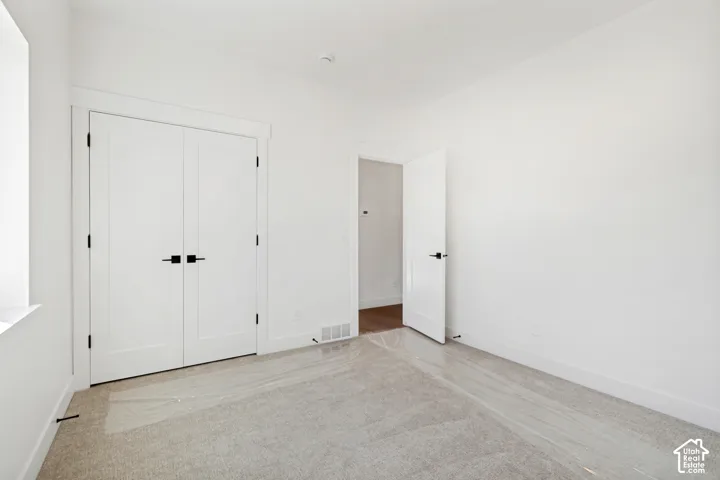 Neutral wall color with white trim, light-colored carpet, and double panel doors with matte black hardware