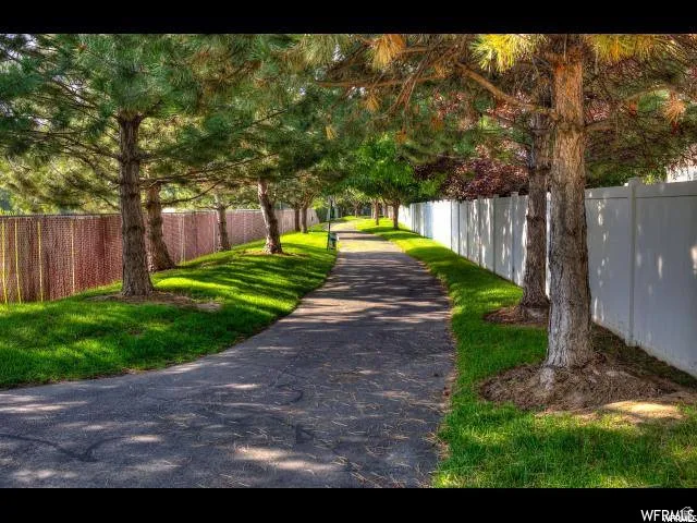 Paved pathway bordered by mature trees and manicured lawns