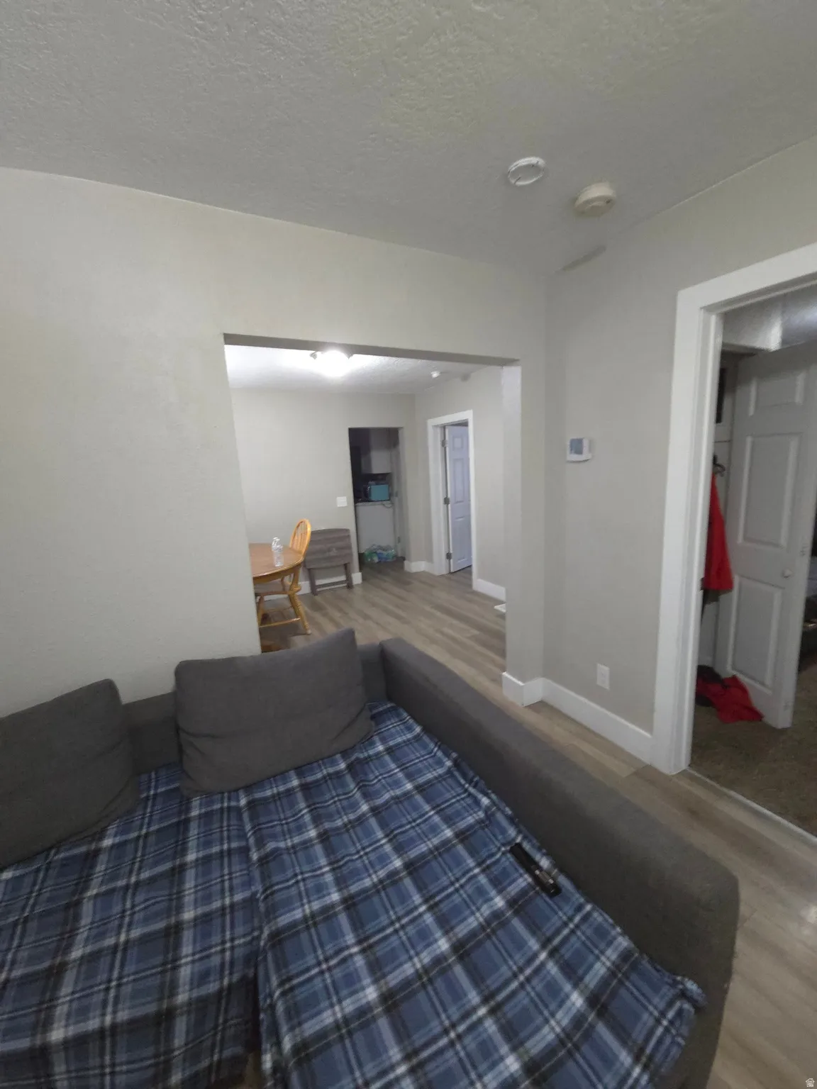 Wood-finish flooring throughout, light neutral wall tones, and white trim