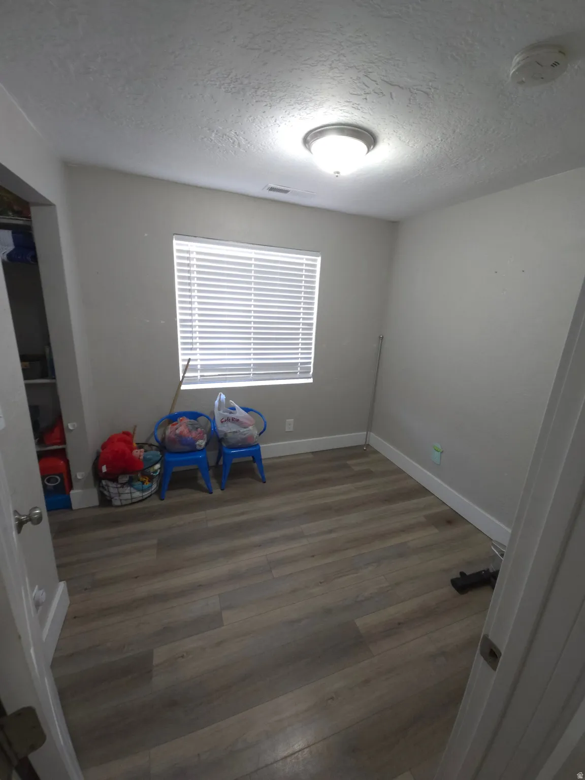 Wood-finish flooring, overhead lighting fixture, and window with blinds