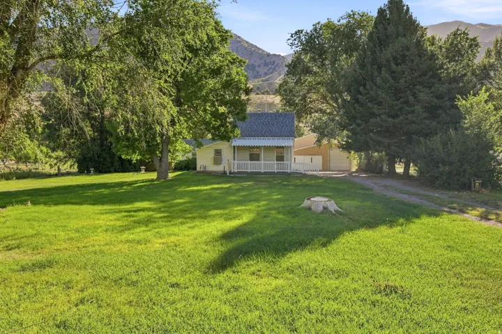Expansive front lawn with mature trees, charming porch with white railing, and a gray shingled roof