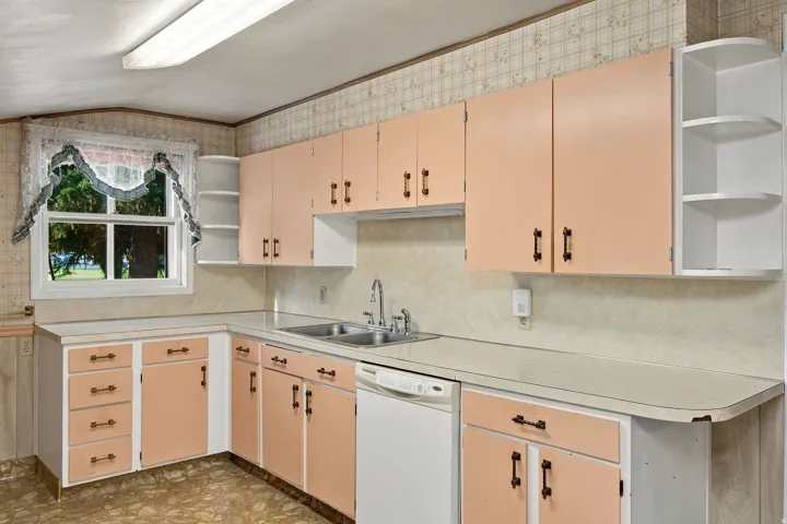 Laminate countertops with integrated double basin sink, built-in dishwasher, and upper and lower cabinetry