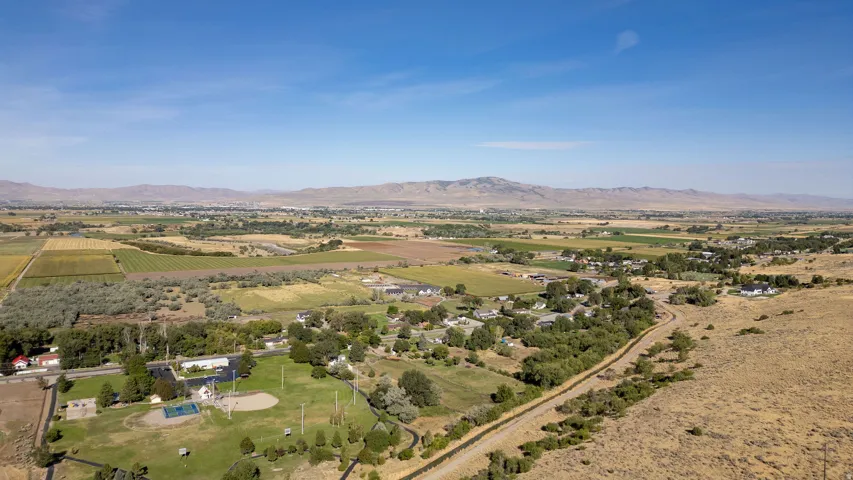 Expansive aerial perspective showcasing this agricultural property with established landscaping, mature trees, and manicured grounds