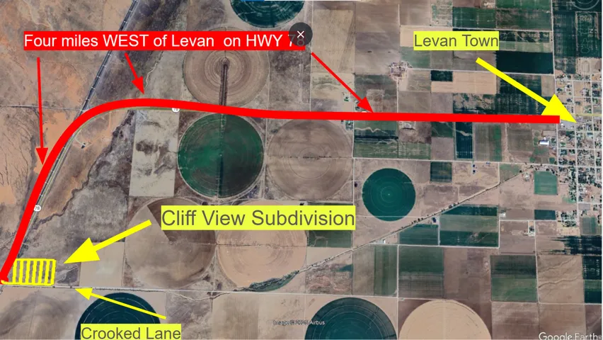 Aerial Map. Illustrating the spatial relationship between the property, Levan Town, Cliff View Subdivision, and Crooked Lane